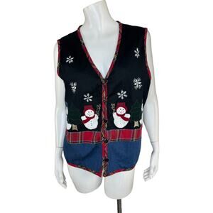Basic Editions Holiday Vintage Button Front Snowman Vest Large V-Neck  Winter
